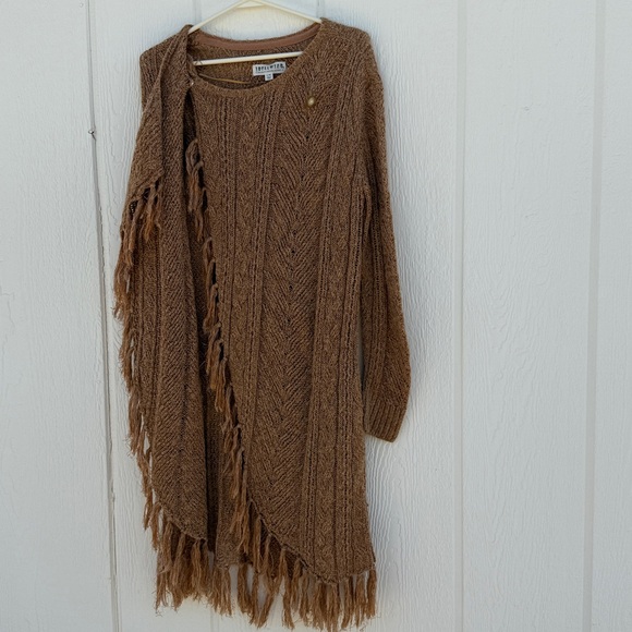Idyllwind Size L Tan Metallic Knit Fringe Western Wrap Tunic Cardigan Sweater - Picture 4 of 10